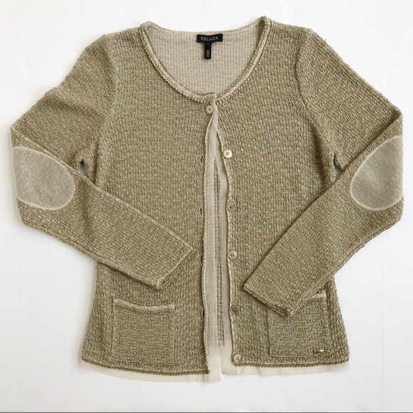 Escada Metallic Gold Holiday Cardigan with Elbow Patches S - Picture 3 of 8